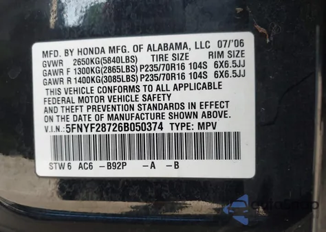 2006 Honda Pilot Ex-L из США, поврежденный, VIN 5FNYF28726B050374